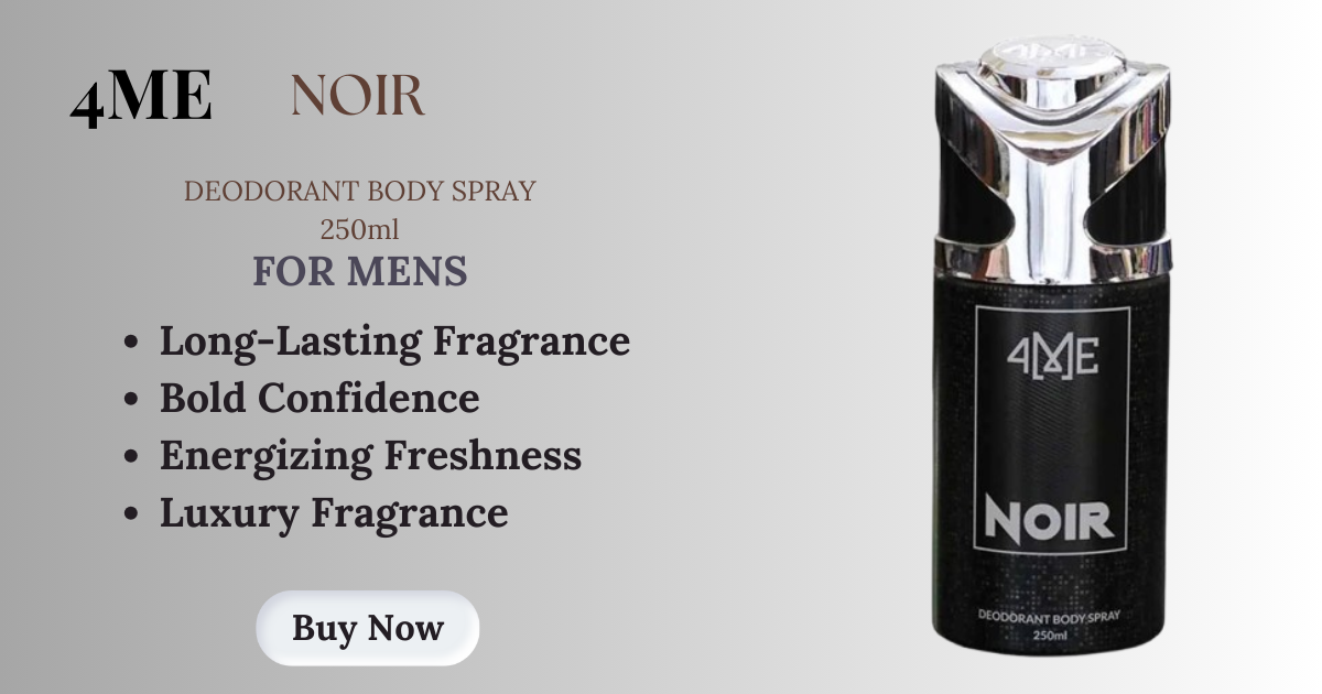 4ME Noir body spray with a bold, sophisticated fragrance for men/women, offering long-lasting freshness and elegance.