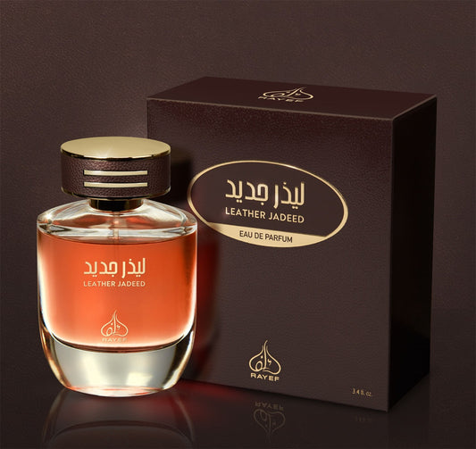 Rayef Leather Jadeed EDP 100ML, a luxurious unisex perfume with rich leather, spicy, and woody notes. Elegant bottle design with long-lasting fragrance, perfect for men and women seeking a bold and sophisticated scent.