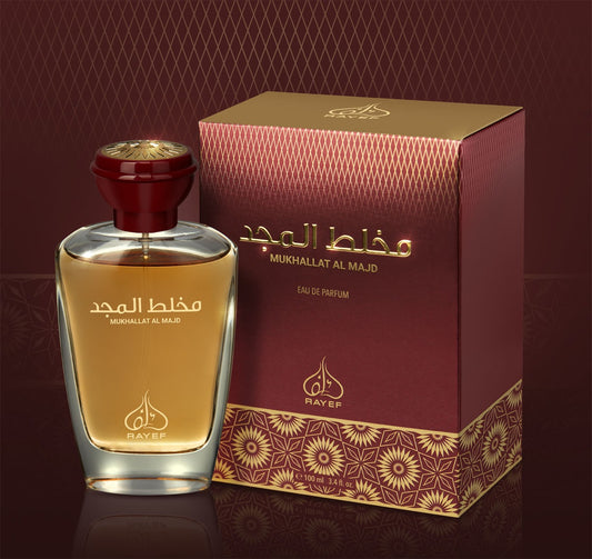 Rayef Mukhallat Al Majd EDP 100ml unisex perfume bottle with elegant design, perfect for both men and women.